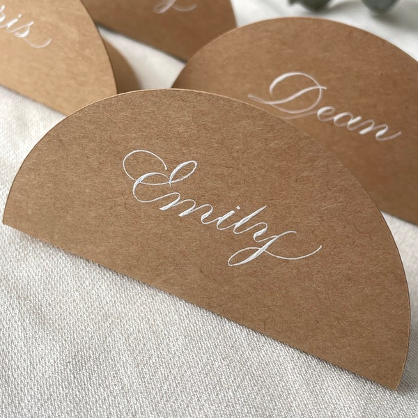 Half Moon Tented Place Cards - Kraft Place Cards - Semi Circle - Half Circle Calligraphy Place Cards - Wedding Bridal Shower Baby Shower