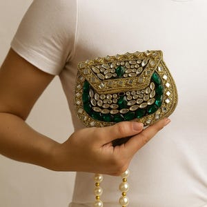 Handmade Kundan Clutch Bag: Beaded Evening Purse, Indian Bridal Handbag