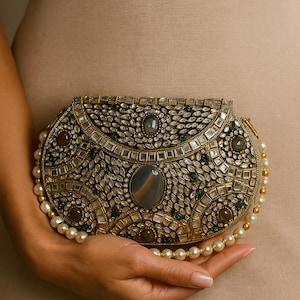 Handmade Kundan Clutch Bag: Beaded Evening Purse, Indian Bridal Handbag