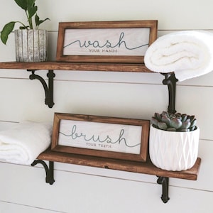 SET OF TWO 6” Nominal Depth Wood Shelves with Cast Iron Corbel Brackets | Bathroom Shelves | Floating Shelves | Shelves Above Toilet