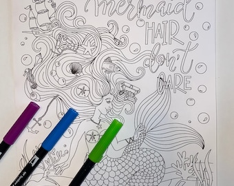 Mermaid Coloring Page, Instant Download