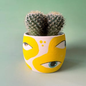 Puede incluir: Un pequeño cactus redondo en una maceta de cerámica pintada a mano. La maceta es blanca con formas amarillas abstractas y dos pares de ojos. El cactus tiene agujas verdes y puntiagudas.
