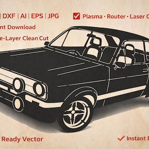 Può includere: Illustrazione vettoriale nera di un'auto d'epoca con dettagli bianchi. L'immagine include il testo "SVG | DXF | AI | EPS | JPG", "Download istantaneo", "Taglio pulito a strato singolo", "Plasma • Router • Laser Compatibile", "CNC Ready Vector".