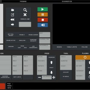 Peut inclure: Interface de panneau de contrôle gris foncé avec divers boutons, étiquettes de texte et un grand écran vierge. L'interface comprend des options de sondage, de diagnostic et de contrôle d'alimentation. Le bouton "STOP!" est affiché en rouge.
