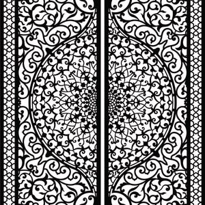 Può includere: Un design intricato in bianco e nero di un cancello in metallo decorativo con un motivo floreale ripetitivo.