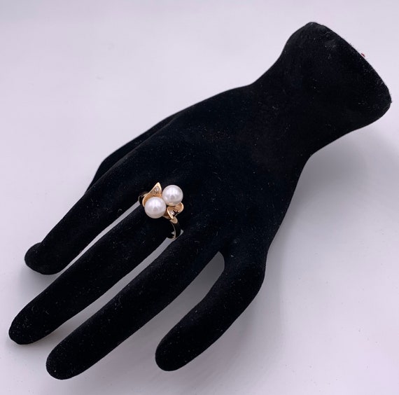 Vintage Modernist 14k Gold 2 Pearl And Diamond Ri… - image 5