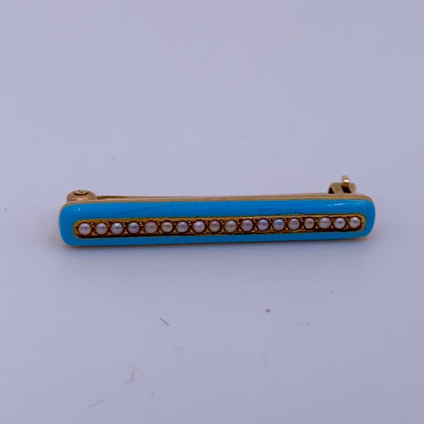 Antique Victorian 14kt Yellow Gold With Blue Enamel And Seed Pearls Bar Pin Brooch