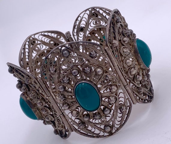 Antique Egyptian Silver And Green Stone Filigree … - image 1