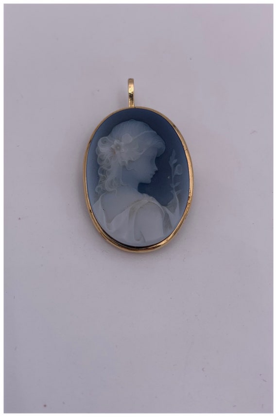 Vintage 14k Gold And Blue Agate Onyx Cameo Pin Bro