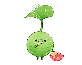 May include: A whimsical illustration of a green, round creature with a leaf-shaped head and a small bubble on top. The creature is holding a bag of golden snacks and eating one. The image has a cute, cartoonish style.