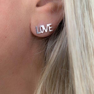 14K Love Earring, Cursive Love Stud Earring, Tiny love stud, Small love stud earring, Tiny solid gold stud earring, Girlfriend Gift