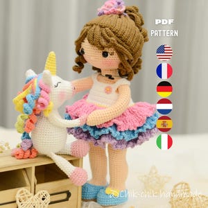 Gehaakt poppatroon, Christine & Friend Eenhoorn, amigurumipop, pdf-zelfstudie (En/Fr/De/Es/Nl/It)