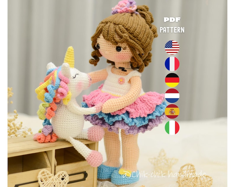Crochet Doll Pattern, Christine & Her Unicorn Friend, Amigurumi Girl Doll, PDF Tutorial (En/Fr/De/Es/Nl/It) image 1