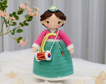 Modèle coréen au crochet, poupée Amigurumi, HANA la batteuse, modèle PDF anglais