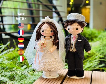 May include: Two crochet dolls representing a bride and groom. The bride wears a white dress, a veil with a tiara, and holds a small bouquet. The groom wears a dark suit, a light vest, and a grey hat. Text reads PDF PATTERN and @Chik-chik handmade.