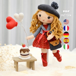 Valentina Crochet Doll Pattern, Amigurumi Valentine Doll with Cupcake & Heart Balloon, PDF Tutorial (En/Fr/De/Es/It)