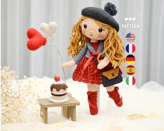 Valentina Crochet Doll Pattern, Amigurumi Valentine Doll with Cupcake & Heart Balloon, PDF Tutorial (En/Fr/De/Es/It)