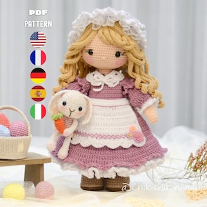 Patrón Muñeca Ganchillo Amigurumi, Conjunto para ROSIE La Criada, Tutorial en PDF en Inglés, Francés, Alemán, Español, Italiano