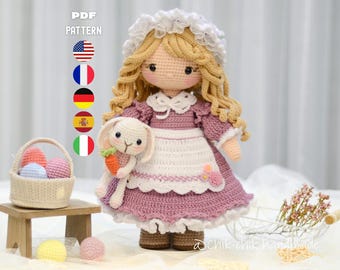 Padrão de boneca de crochê, padrão de boneca amigurumi, roupa para Rosie, a empregada, com cesta de coelho, tutorial em PDF (En/Fr/De/Es/It)