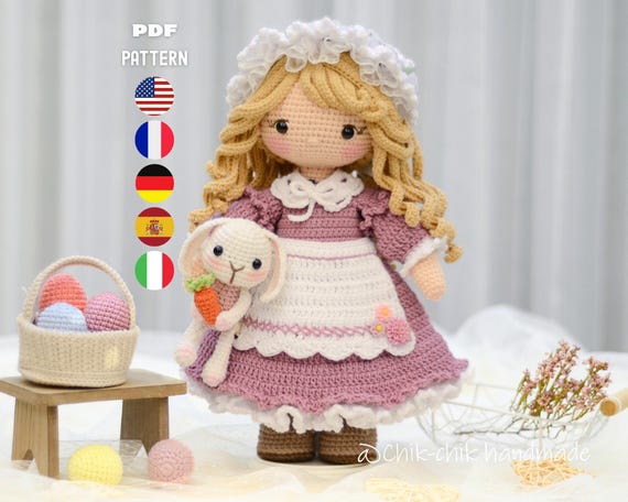 Crochet Doll Pattern, Amigurumi Doll Pattern, Outfit for Rosie the Maid with Bunny Basket, PDF Tutorial (En/Fr/De/Es/It)