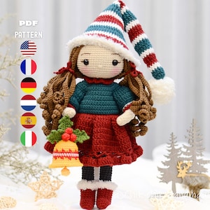 Christmas Doll Crochet Pattern, Amigurumi Doll Bella, PDF Tutorial (En/Fr/De/Es/Nl/It) )