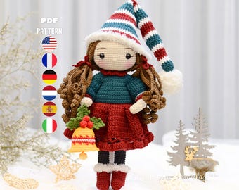 Christmas Doll Crochet Pattern, Amigurumi Doll Bella, PDF Tutorial (En/Fr/De/Es/Nl/It) )
