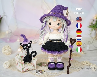 Amigurumi Halloween Witch Doll Crochet Pattern, AMETHYST the Moon Witch, PDF Tutorial (En/Fr/De/Es/Nl/It)