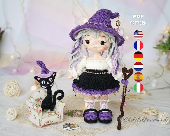 AMETHYST the Moon Witch Crochet Doll Pattern, Halloween Amigurumi Doll PDF Tutorial (En/Fr/De/Es/Nl/It)