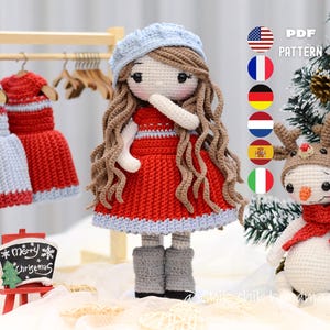 Schema per bambola di Natale all'uncinetto, bambola Amigurumi Carol e pupazzo di neve, tutorial in PDF (En/Fr/De/Es/Nl/It)