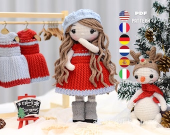 Crochet Christmas Doll Pattern, Amigurumi Doll Carol & Snowman, PDF Tutorial (En/Fr/De/Es/Nl/It)