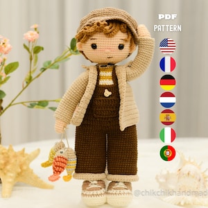 Modèle de poupée au crochet TOMMY The Fisher, poupée Amigurumi, tutoriel PDF (en/fr/de/es/It/Nl)