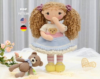 Crochet Doll Pattern, Amigurumi Girl Doll Emma, PDF Tutorial (English, German)