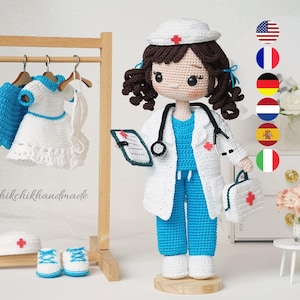 Doctor & Nurse Crochet Doll Pattern, HELEN Amigurumi Doll PDF Tutorial (En/Fr/De/Esp/Nl/It)