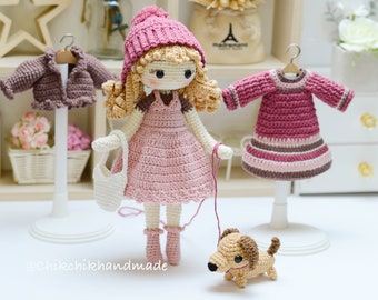 Crochet doll pattern LITTLE DAISY doll PDF English, Français, Español (dachshund dog included)