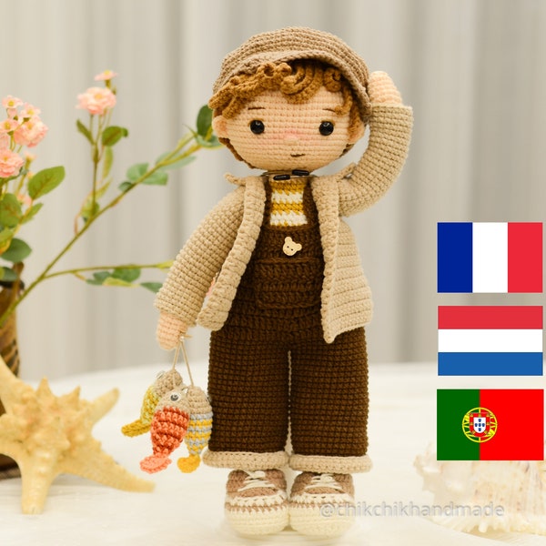 TOMMY The Fisher, Amigurumi Pattern Crochet Doll Pattern PDF in English, French, Dutch, Portuguese