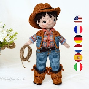 FRANKLIN il Cowboy Schema per bambola all'uncinetto, Schema per bambola Amigurumi, Tutorial PDF all'uncinetto (En, Fr, De, Nl, It, Es)