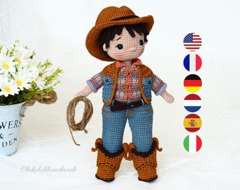 Häkelmuster für eine Cowboy-Puppe, Amigurumi-Jungenpuppe, Franklin der Cowboy, PDF-Anleitung (En/Fr/De/Es/Nl/It)