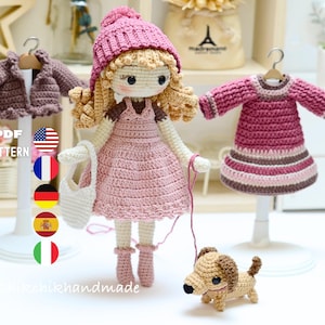 Crochet Doll Pattern Amigurumi, Little Daisy Girl with Dachshund Dog, PDF Tutorial (En/Fr/De/Es/It) image 1
