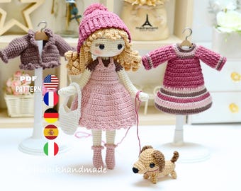 Crochet Doll Pattern Amigurumi, Little Daisy Girl with Dachshund Dog, PDF Tutorial (En/Fr/De/Es/It)