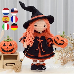 Schema all'uncinetto per bambola strega Amigurumi, BEATRIX la piccola strega, tutorial PDF fai da te all'uncinetto (En, Fr, De, Nl, It, Es)