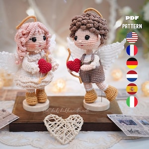 Patrón de ganchillo para muñeco ángel Cupido, conjunto de muñecos ángel amigurumi de San Valentín (Elena y Félix), tutorial en PDF (inglés/francés/alemán/español/neerlandés/italiano)