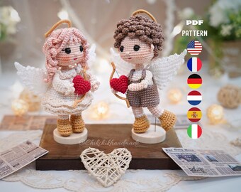 Schema per realizzare all'uncinetto la bambola angelo Cupido, set di bambole angelo amigurumi di San Valentino (Elena e Felix), tutorial in PDF (inglese/francese/tedesco/spagnolo/olandese/italiano)