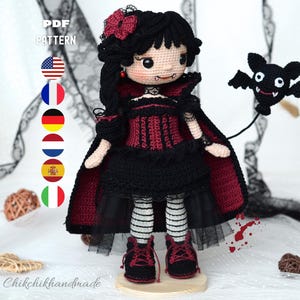 Patrón de muñeca de vampiro de Halloween (MISTY), tutorial de muñeca amigurumi en PDF, multilingüe