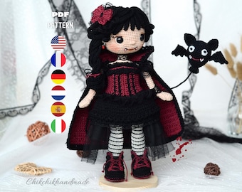 Halloween Vampire Crochet Doll Pattern (MISTY), Amigurumi Doll PDF Tutorial, Multi Language