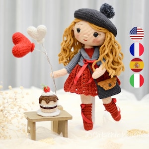 Valentine Crochet Doll Pattern, Amigurumi Doll Pattern, VALENTINA Doll, Crochet PDF Tutorial (En, Fr, Es, It)