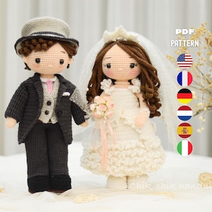 Schema per bambola all'uncinetto per coppia di sposi, bambola amigurumi per sposi, tutorial PDF (En, Fr, De, Es, Nl, It)