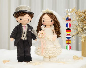 Modèle de poupée pour couple de mariage au crochet, poupée Amigurumi des mariés, tutoriel PDF (en, fr, de, es, nl, it)