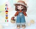 Crochet Amigurumi Doll Pattern, Little Cathy in Overalls & Flower Basket, PDF Tutorial (En/Fr/De/Es/It/Nl)