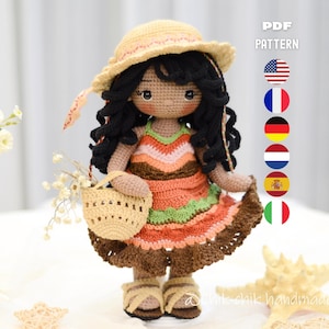 Patrón Crochet Muñeca Camila, Muñeca Amigurumi Summer Girl, Patrón PDF (En/Fr/De/Es/It/Nl)