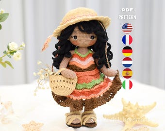 Crochet Doll Pattern, Amigurumi Doll Pattern, Summer Girl Doll Camila, PDF Tutorial (En/Fr/De/Es/It/Nl)